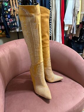 Rhinestone-Embellished Over-the-Knee Suede Boots in Mustard